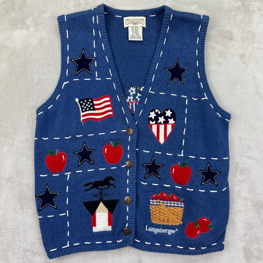 Vintage Longaberger Sweater Vest Women Small Blue Americana Apple Teacher 90s